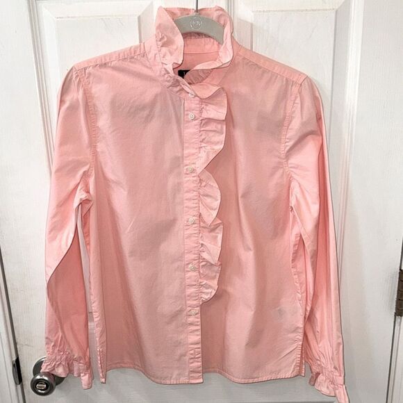 J Crew Pink Long Sleeve 100% cotton Ruffle Cottage Top w split hem- 4- like new! - Picture 2 of 12